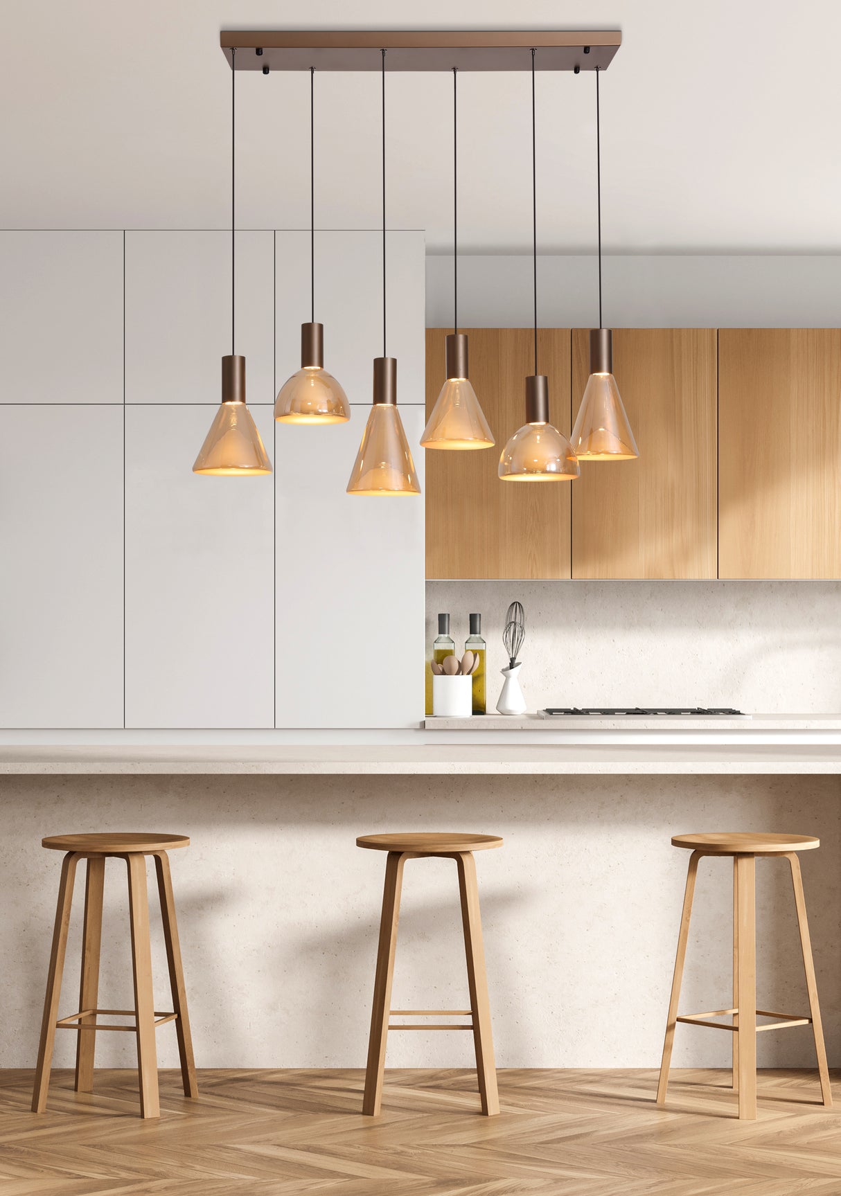 Searchlight Electric Cannes LED 6Lt Pendant, Latte Metal and Amber Glass 77410-6AM