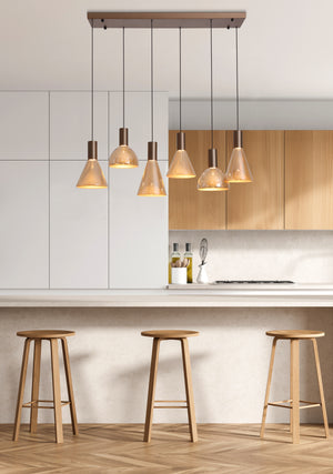 Searchlight Electric Cannes LED 6Lt Pendant, Latte Metal and Amber Glass 77410-6AM