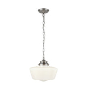 School House  Pendant  - Satin Silver Metal & Opal Glass