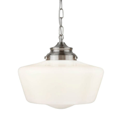 Searchlight Electric School House  Pendant  - Satin Silver Metal & Opal Glass 8071-1SS