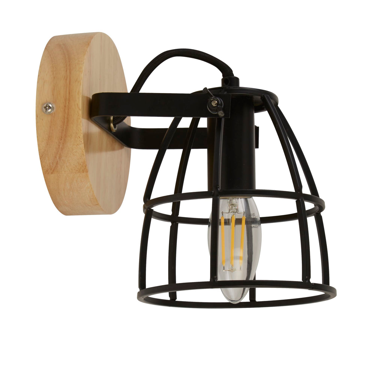Searchlight Electric Vision Round Wall Light - Matt Black Metal & Wood 81698-1BK