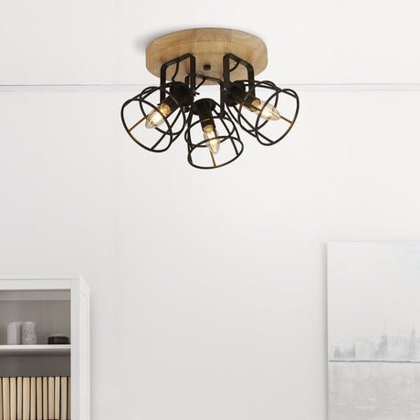 Searchlight Electric Vision 3Lt Round Ceiling Light - Matt Black Metal & Wood 81698-3BK