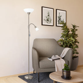 Eglo EU UP 2 Floor Lamp – Satin Nickel Uplighter with Reading Light, E27 & E14, Inline Switch