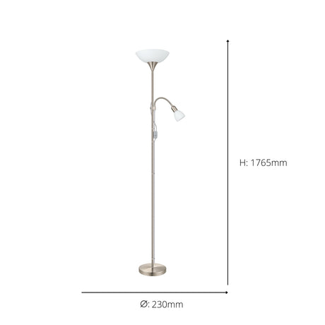 Eglo EU UP 2 Floor Lamp – Satin Nickel Uplighter with Reading Light, E27 & E14, Inline Switch