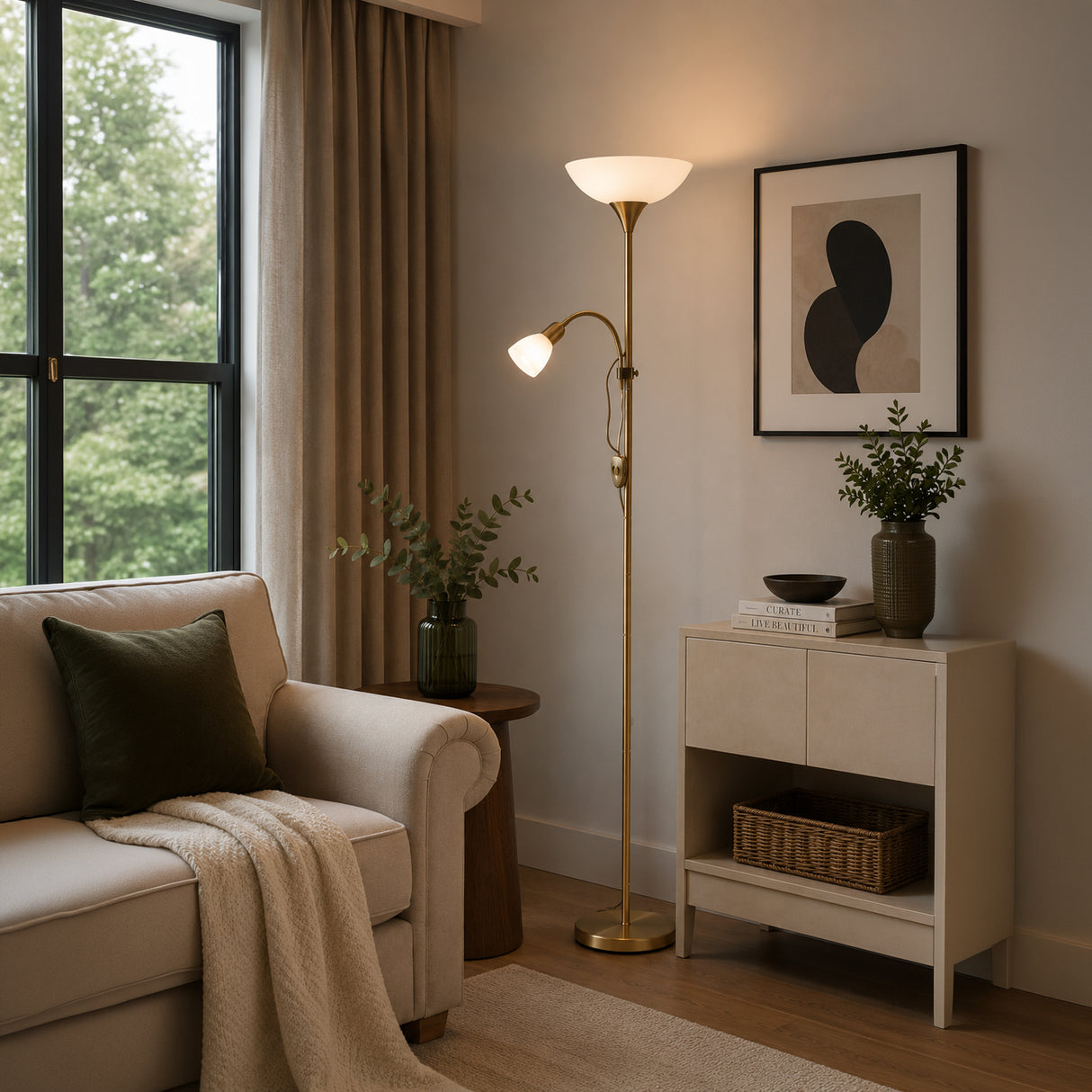Eglo EU UP?2 Floor Lamp – Matt Brass Uplighter with Reading Light, E27 & E14, Inline Switch