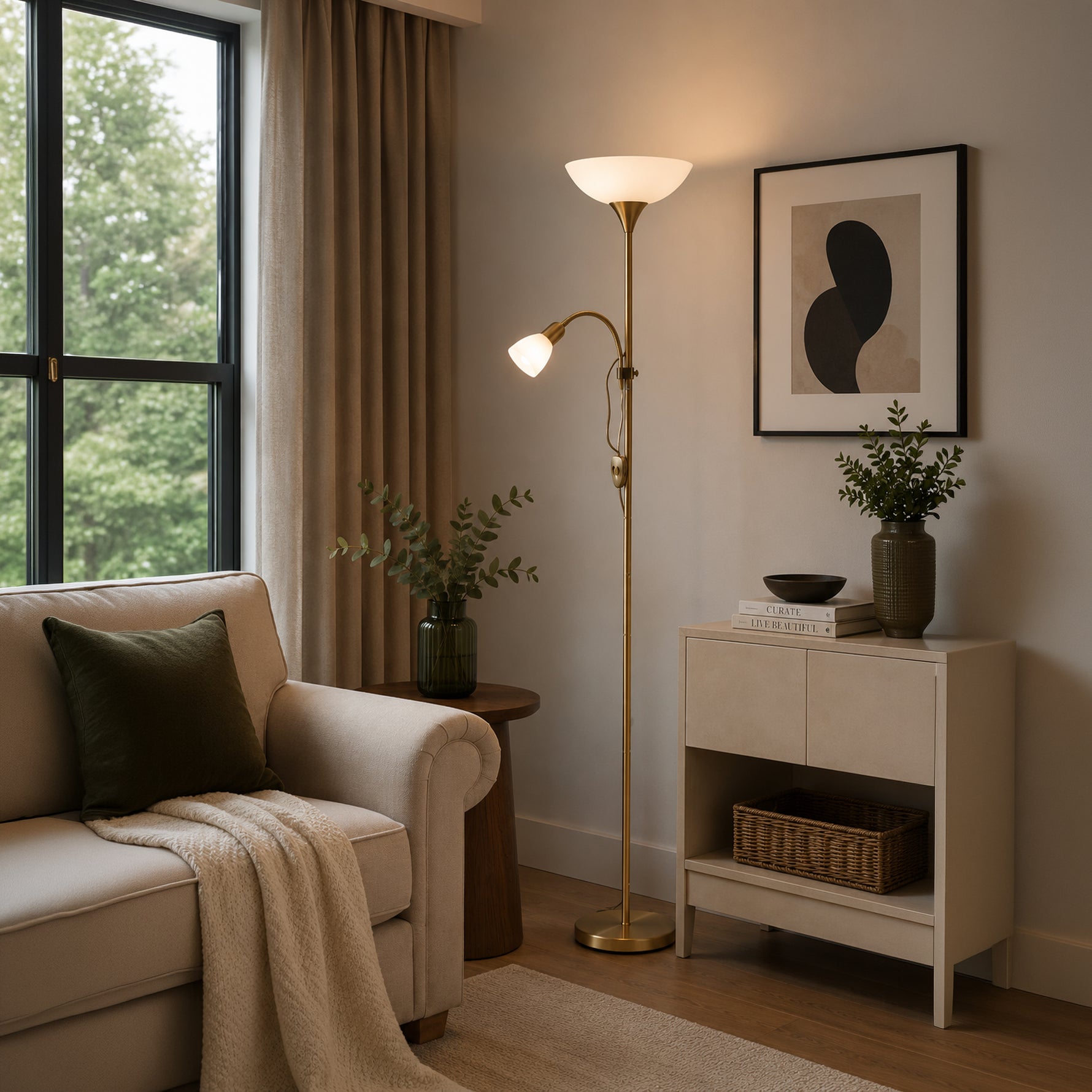 Eglo EU UP?2 Floor Lamp – Matt Brass Uplighter with Reading Light, E27 & E14, Inline Switch