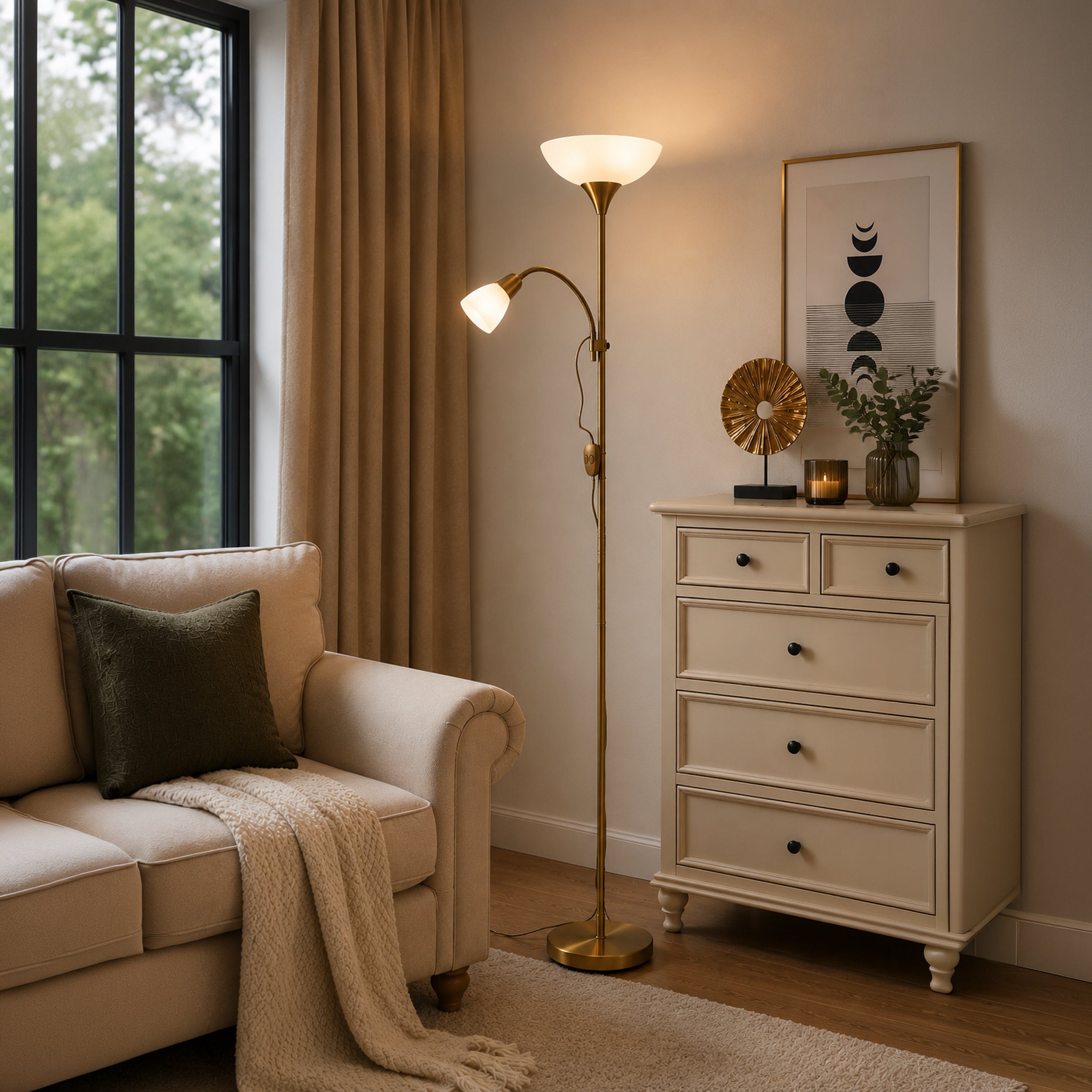 Eglo EU UP?2 Floor Lamp – Nickel Nero Uplighter with Reading Light, E27 & E14, Inline Switch