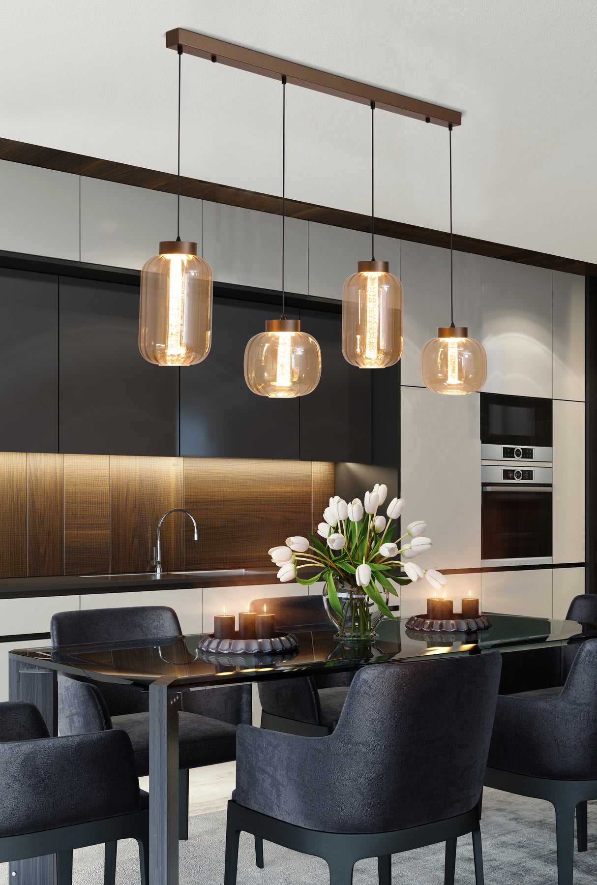 Searchlight Electric Lille LED 4Lt LED Pendant, Latte Metal and Amber Glass 84510-4AM