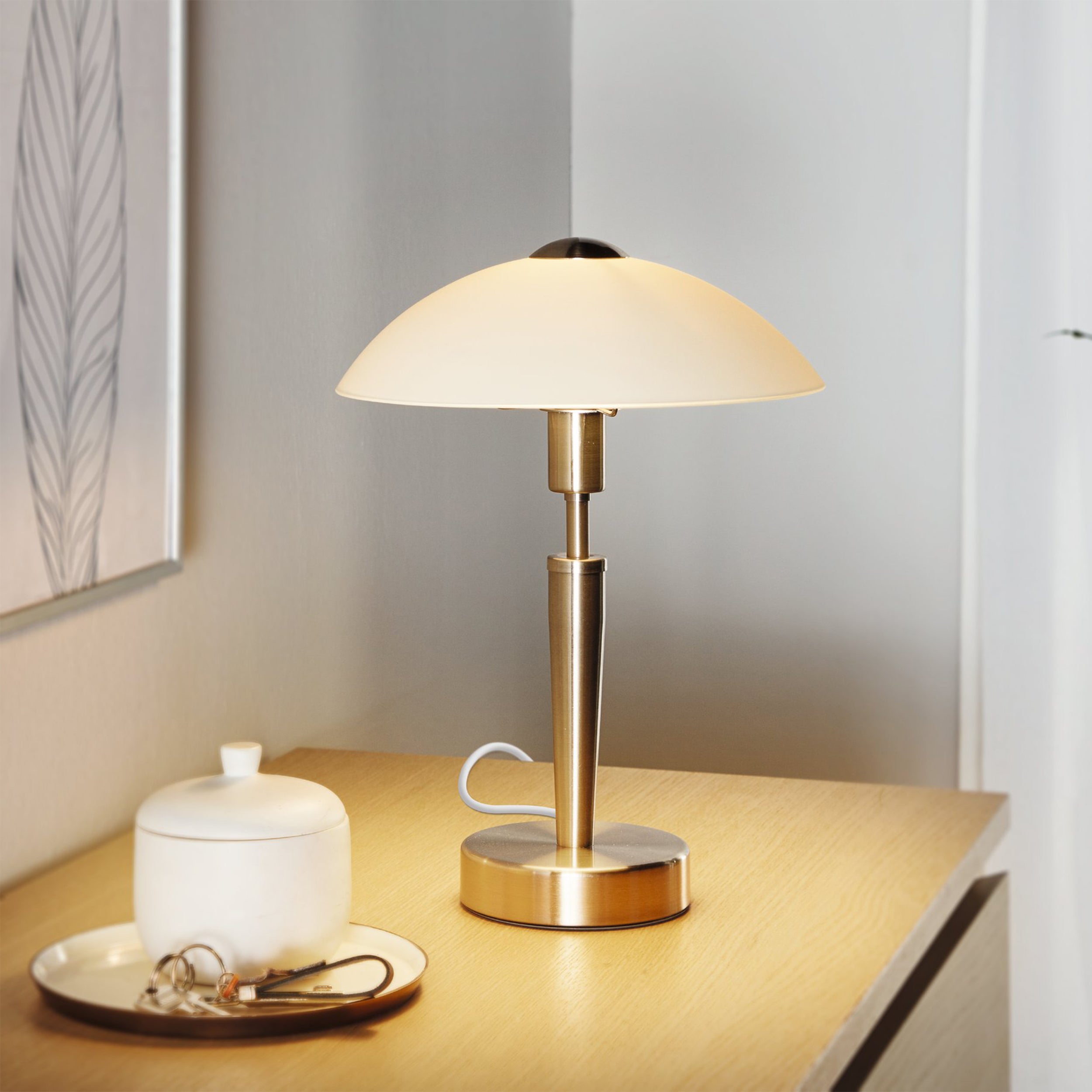 Eglo EU SOLO?1 Table Lamp – Bronzed Steel & Wood with White Satin Glass, Touch Dimmer, E14, Indoor Lighting