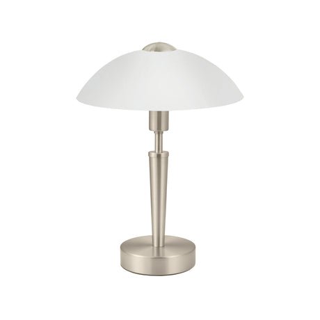 Eglo EU SOLO?1 Table Lamp – Satin Nickel Steel with White Satin Glass, Touch Dimmer, E14, Indoor Lighting