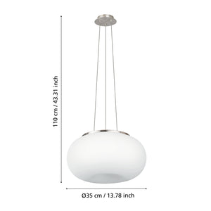 Eglo EU OPTICA Pendant Light – Satin Nickel Finish with Opal Glass Shade, E27 Fitting, 375mm Indoor Pendant