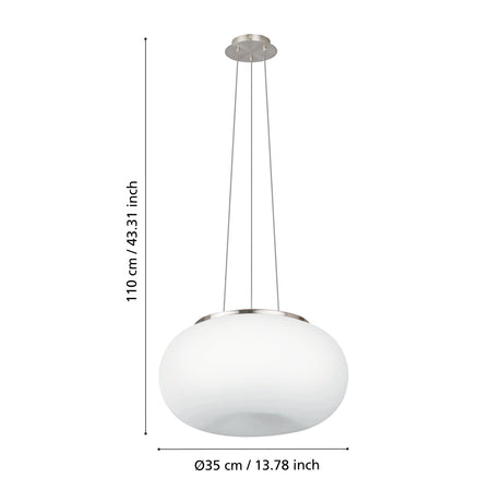 Eglo EU OPTICA Pendant Light – Satin Nickel Finish with Opal Glass Shade, E27 Fitting, 375mm Indoor Pendant