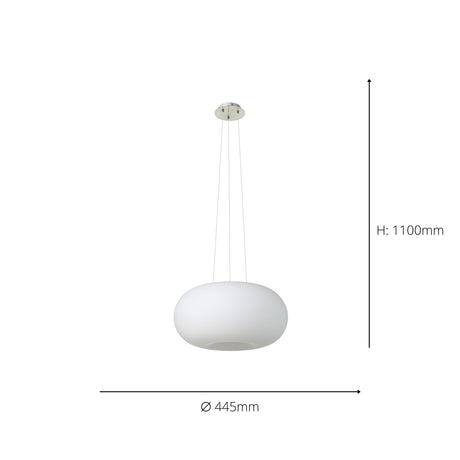Eglo EU OPTICA Pendant Light – 445mm Satin Nickel with Opal Glass Shade, E27 Fitting