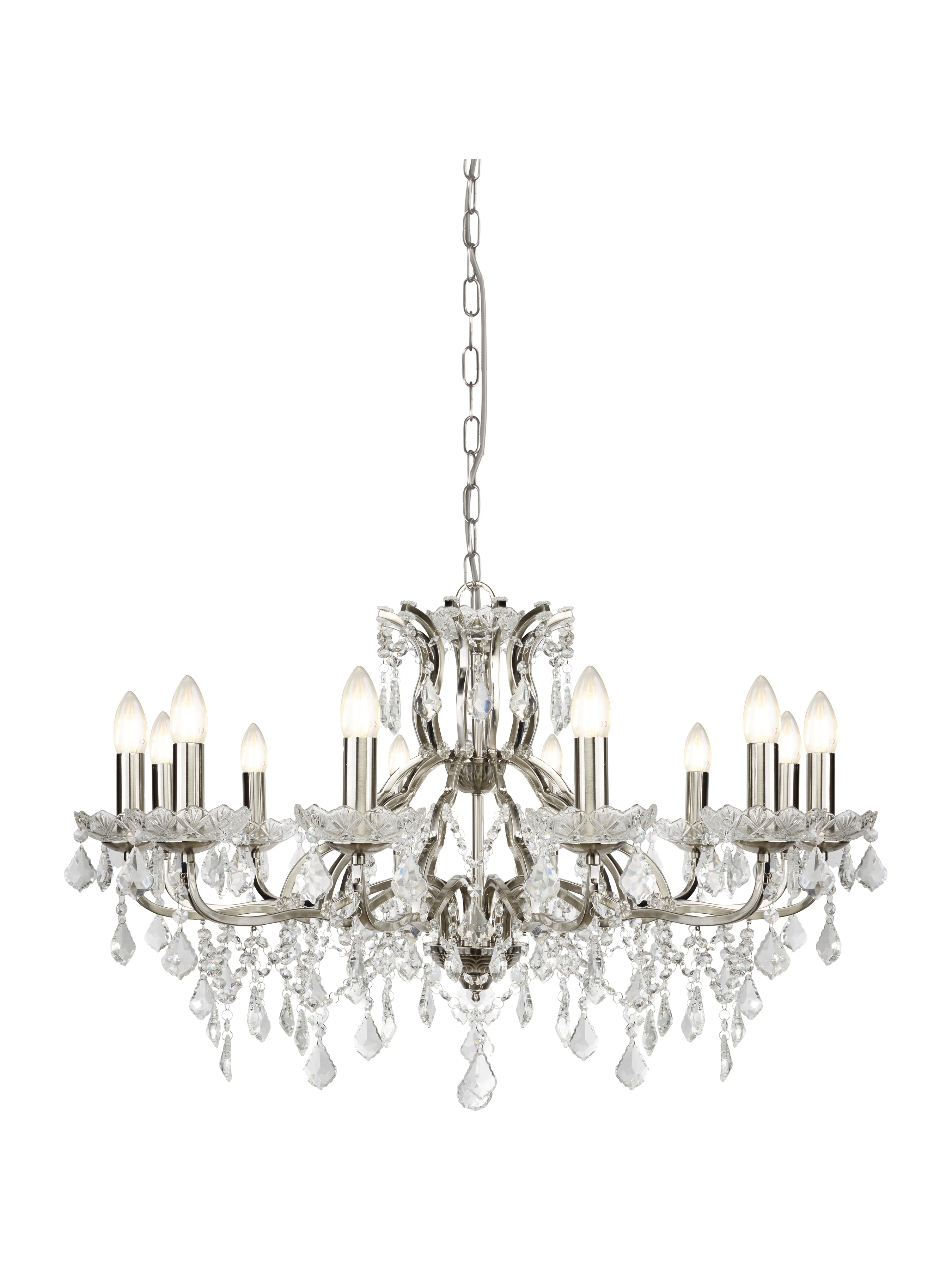 Paris 12Lt Chandelier -  Satin Silver & Clear Crystal Drops