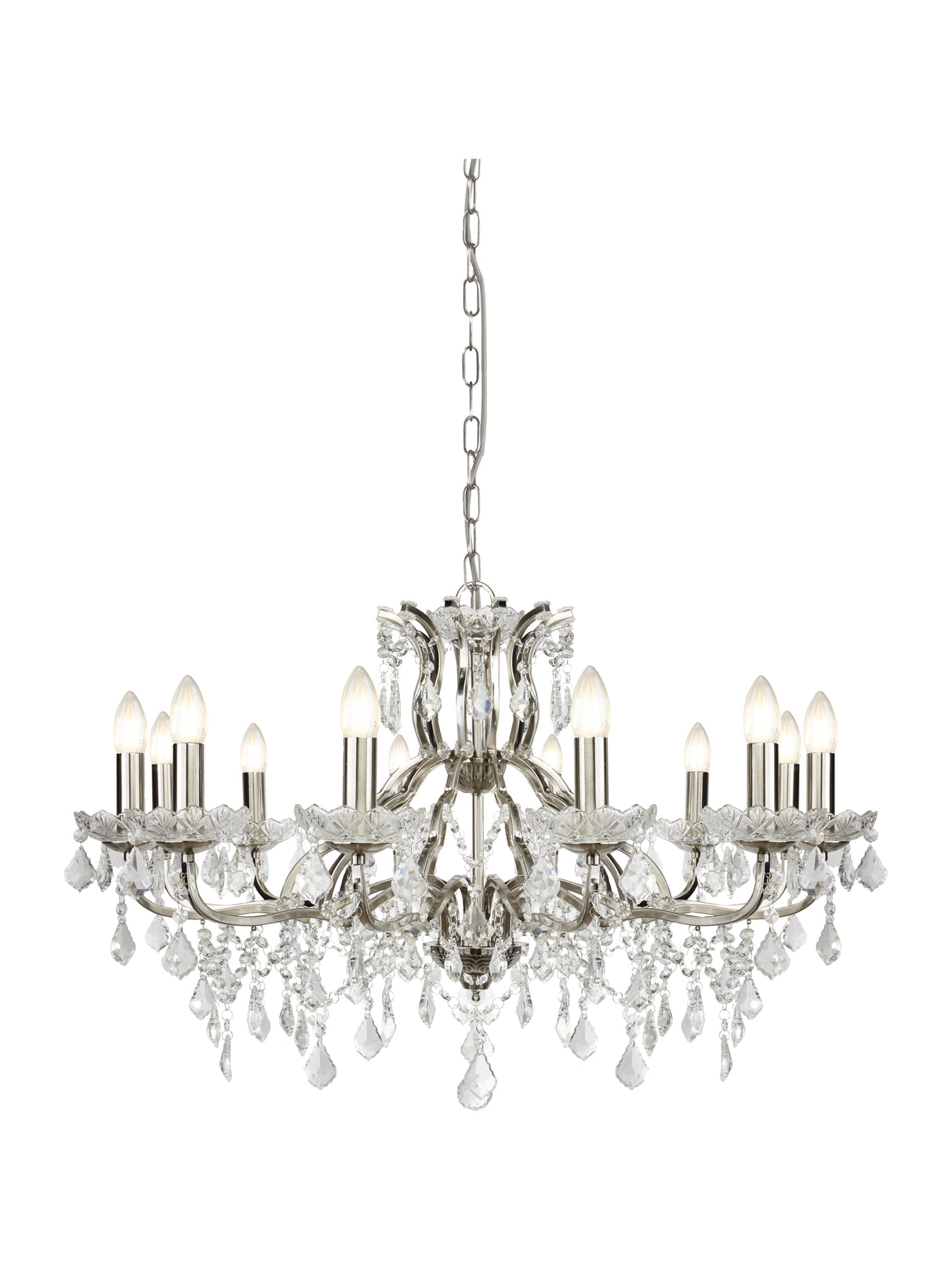 Paris 12Lt Chandelier -  Satin Silver & Clear Crystal Drops