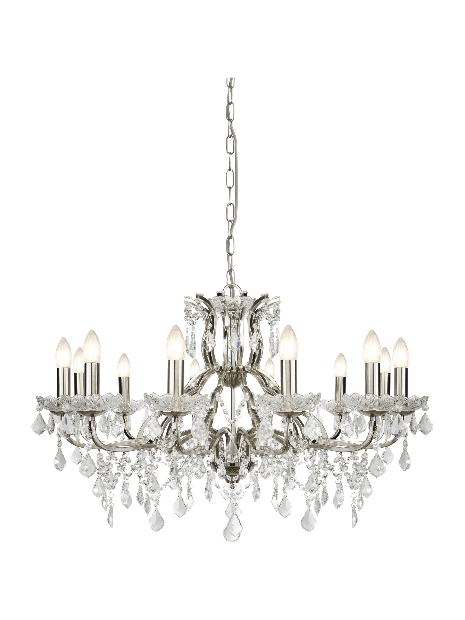 Paris 12Lt Chandelier -  Satin Silver & Clear Crystal Drops