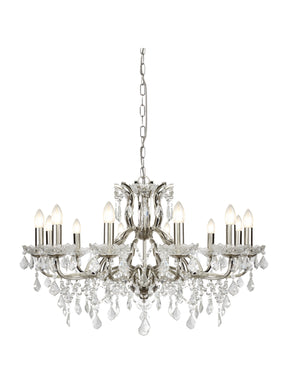 Paris 12Lt Chandelier -  Satin Silver & Clear Crystal Drops
