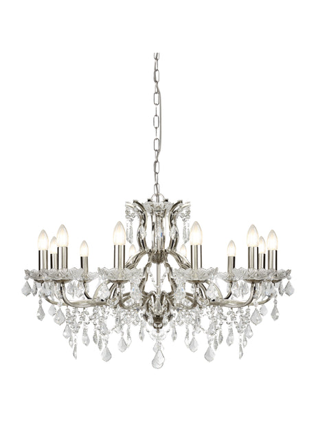 Paris 12Lt Chandelier -  Satin Silver & Clear Crystal Drops