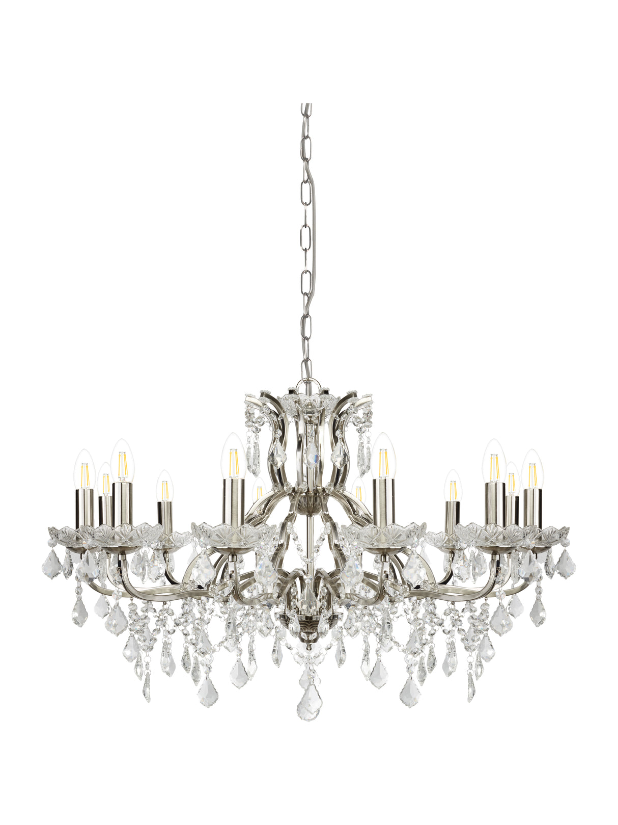 Searchlight Electric Paris 12Lt Chandelier -  Satin Silver & Clear Crystal Drops 87312-12SS