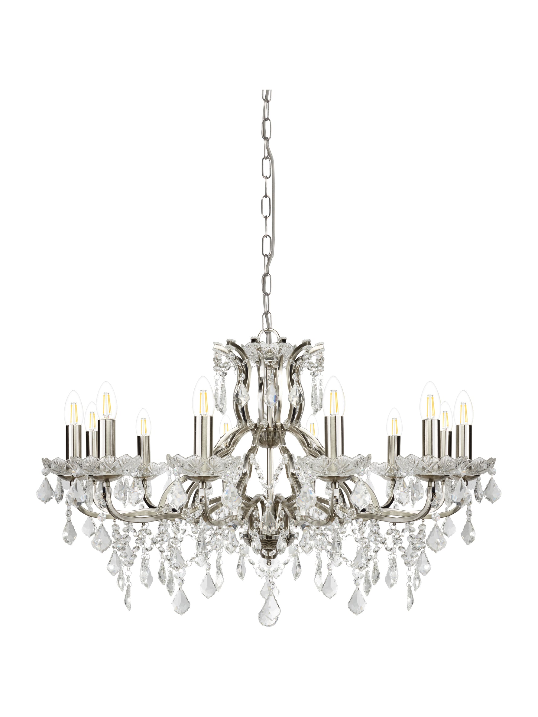 Searchlight Electric Paris 12Lt Chandelier -  Satin Silver & Clear Crystal Drops 87312-12SS