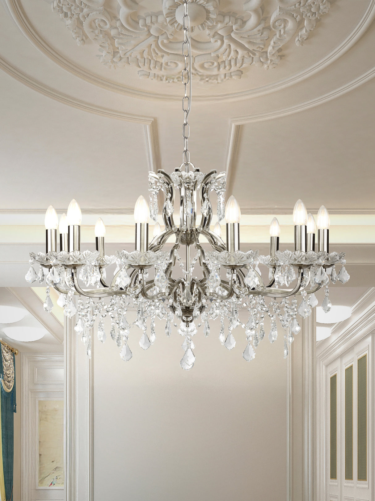 Searchlight Electric Paris 12Lt Chandelier -  Satin Silver & Clear Crystal Drops 87312-12SS
