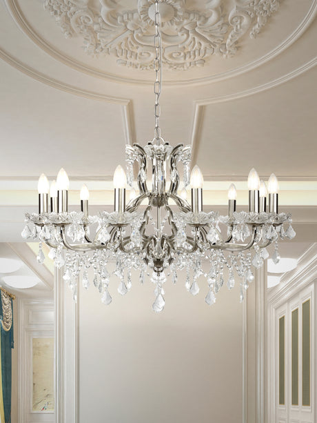 Searchlight Electric Paris 12Lt Chandelier -  Satin Silver & Clear Crystal Drops 87312-12SS