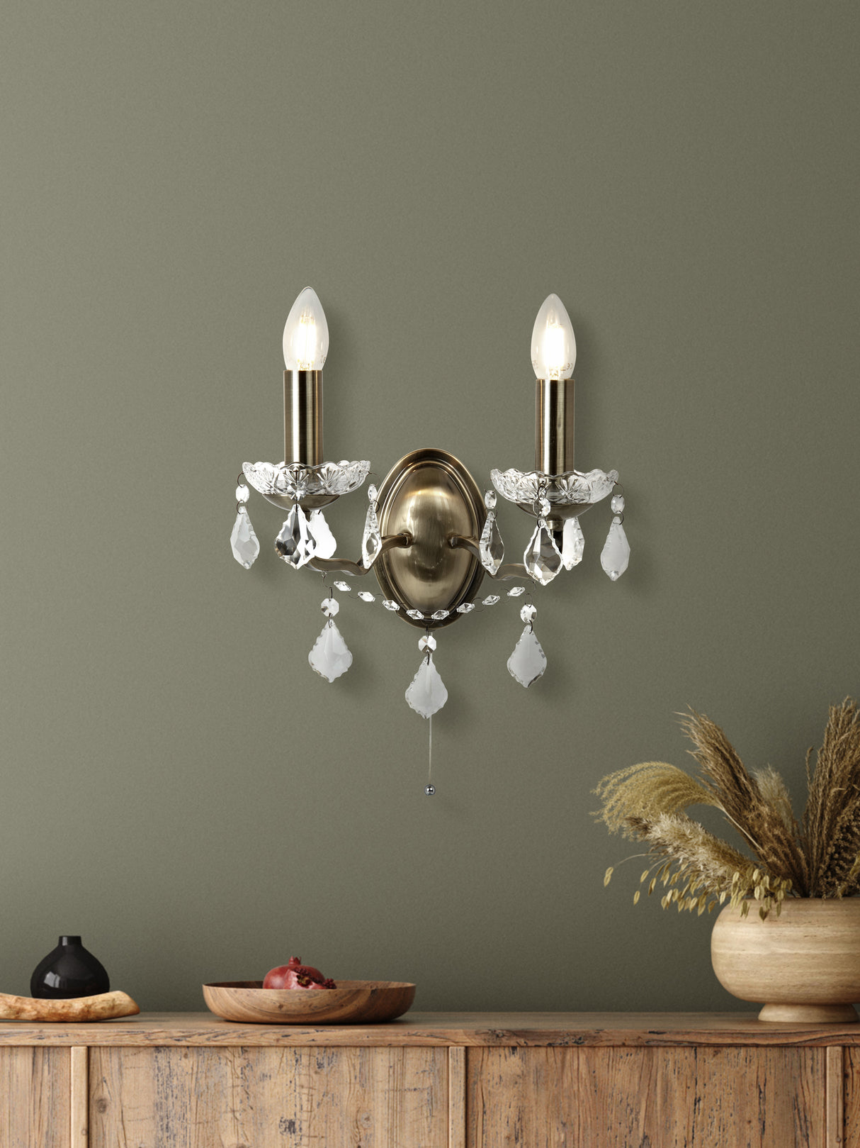 Searchlight Electric Paris 2Lt Wall Light - Antique Brass Metal & Clear Crystal 8732-2AB
