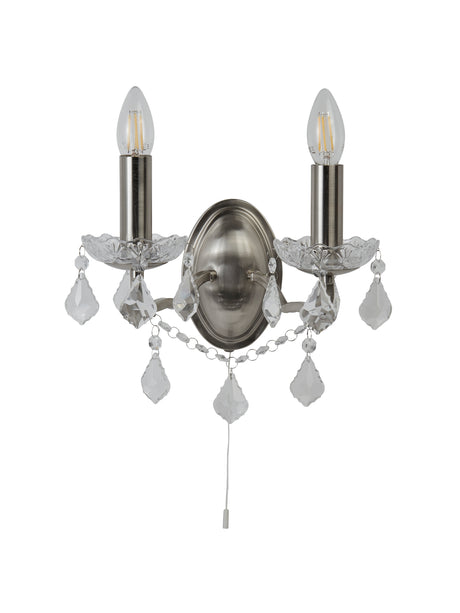 Searchlight Electric Paris 2Lt Wall Light - Satin Silver & Clear Crystal Drops 8732-2SS