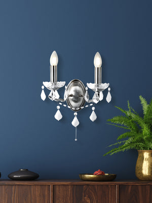 Searchlight Electric Paris 2Lt Wall Light - Satin Silver & Clear Crystal Drops 8732-2SS