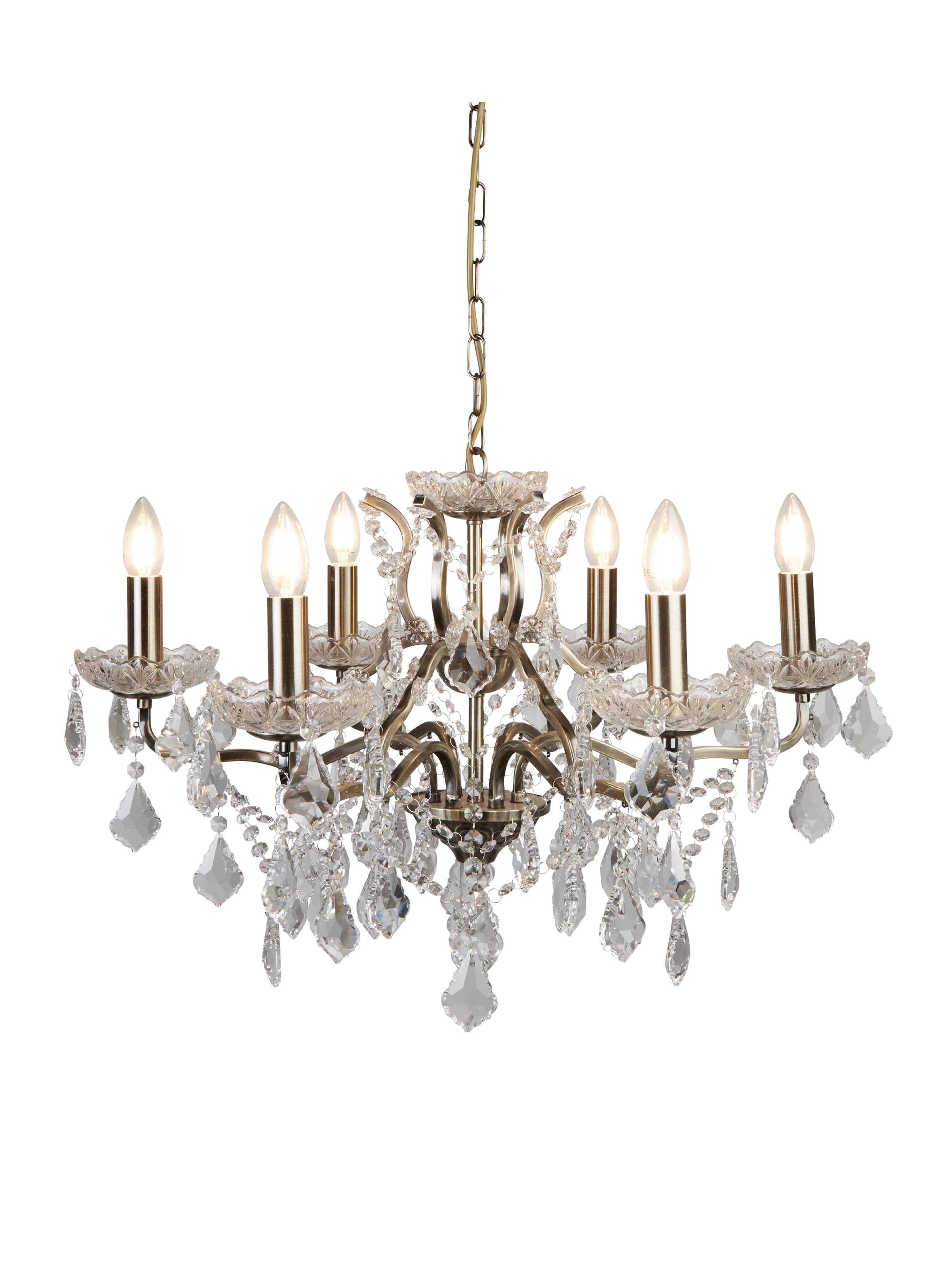 Paris  6Lt Chandelier - Antique Brass Metal & Clear Crystal