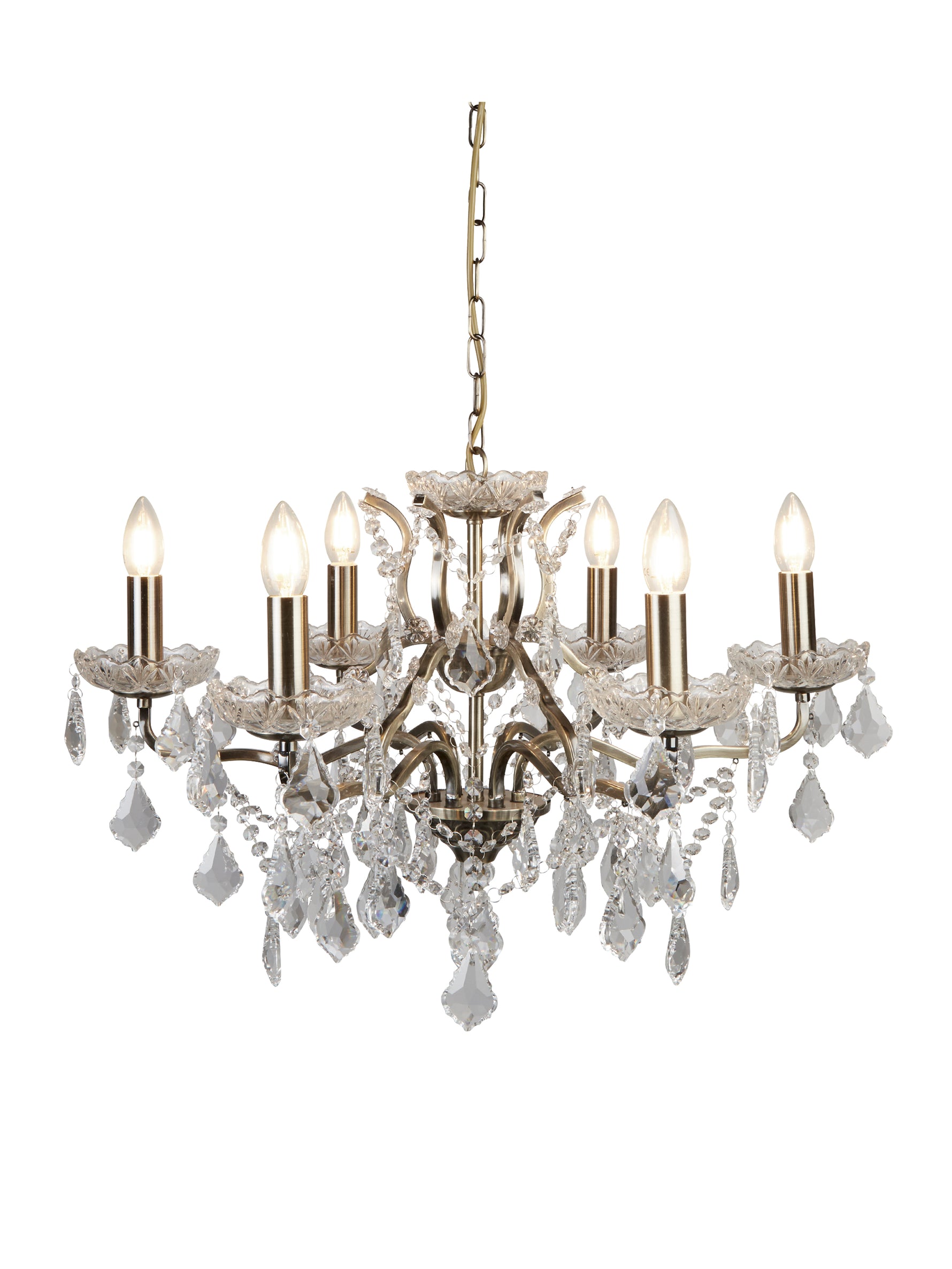 Paris  6Lt Chandelier - Antique Brass Metal & Clear Crystal