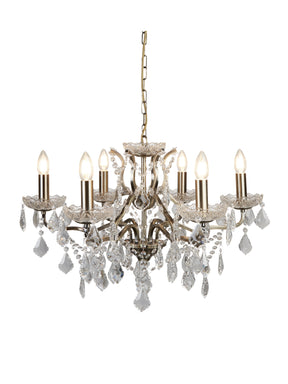 Paris  6Lt Chandelier - Antique Brass Metal & Clear Crystal