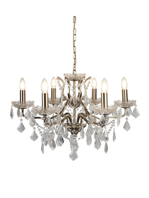 Paris  6Lt Chandelier - Antique Brass Metal & Clear Crystal