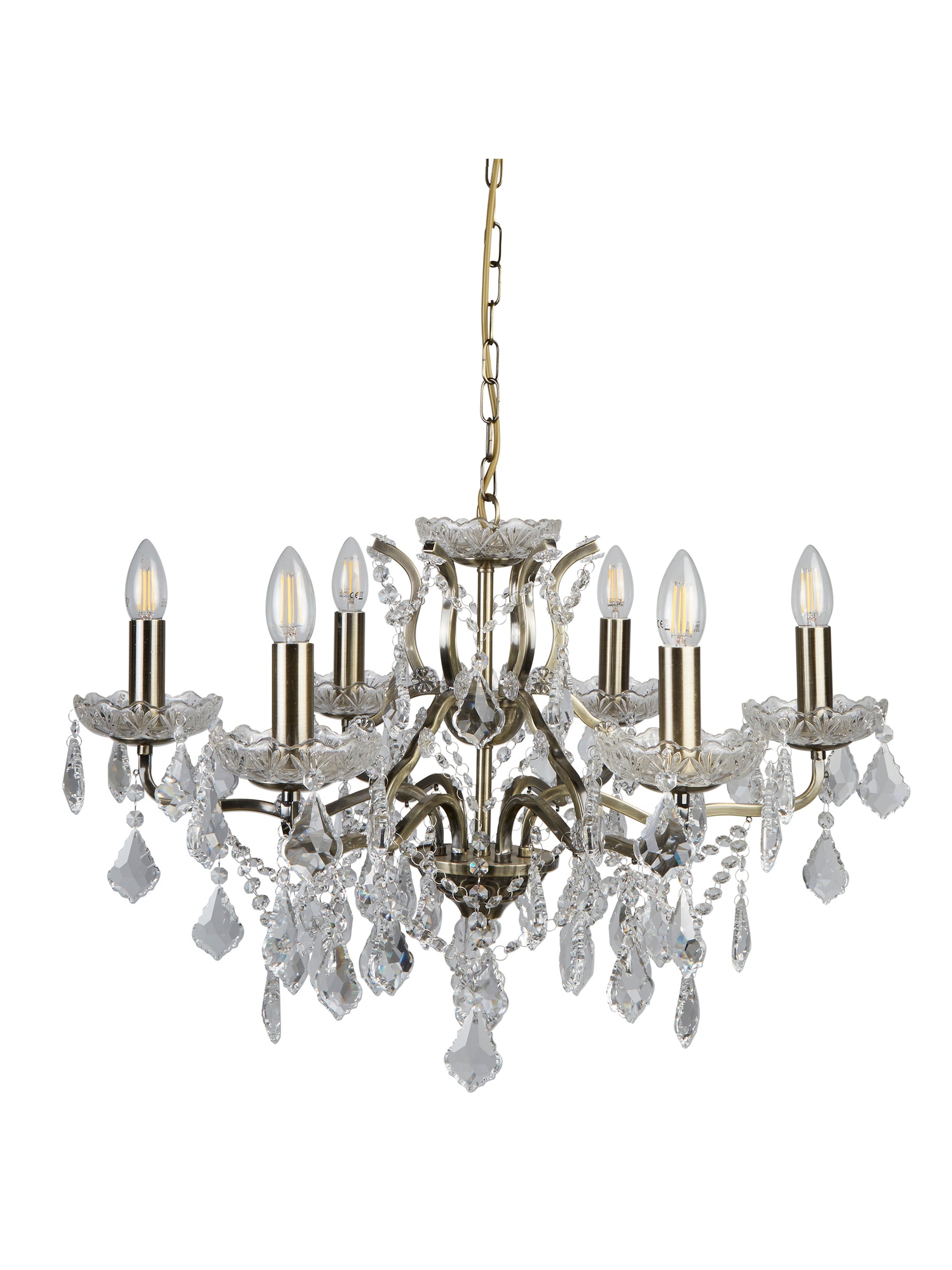 Searchlight Electric Paris  6Lt Chandelier - Antique Brass Metal & Clear Crystal 8736-6AB