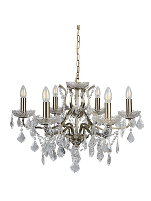 Searchlight Electric Paris  6Lt Chandelier - Antique Brass Metal & Clear Crystal 8736-6AB