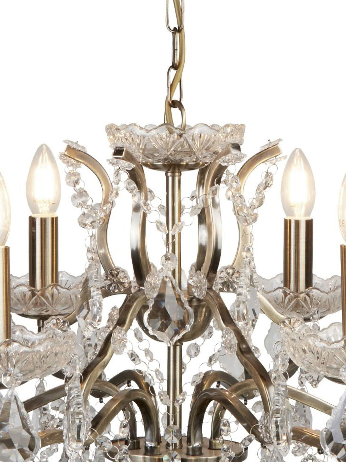 Searchlight Electric Paris  6Lt Chandelier - Antique Brass Metal & Clear Crystal 8736-6AB