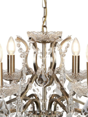 Searchlight Electric Paris  6Lt Chandelier - Antique Brass Metal & Clear Crystal 8736-6AB