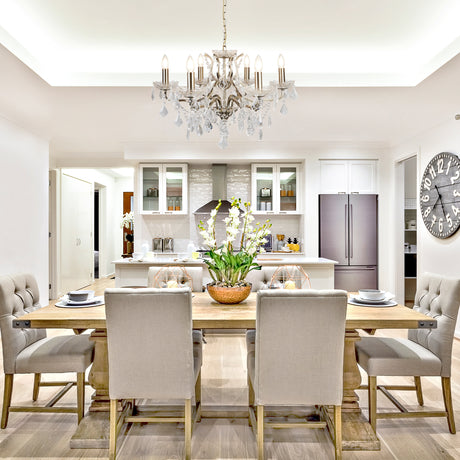 Searchlight Electric Paris  6Lt Chandelier - Antique Brass Metal & Clear Crystal 8736-6AB