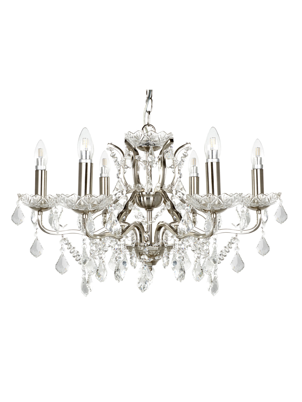 Searchlight Electric Paris  6Lt Chandelier - Satin Silver Metal & Clear Crystal 8736-6SS