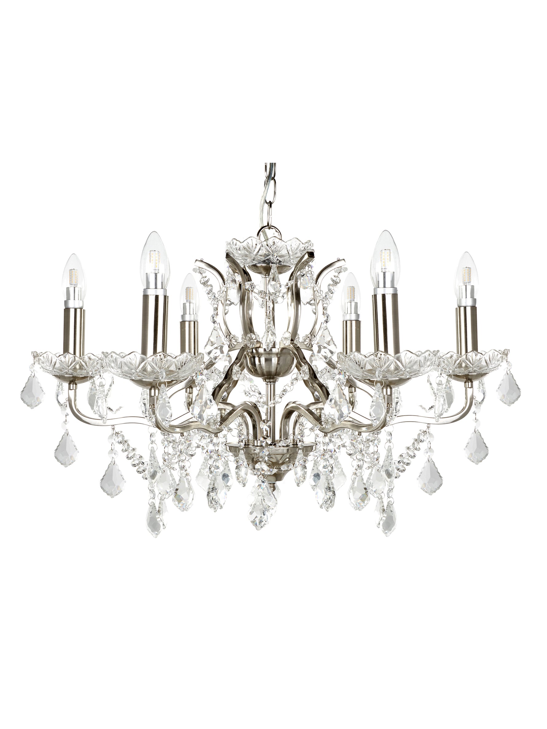 Searchlight Electric Paris  6Lt Chandelier - Satin Silver Metal & Clear Crystal 8736-6SS