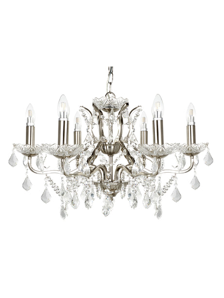 Searchlight Electric Paris  6Lt Chandelier - Satin Silver Metal & Clear Crystal 8736-6SS