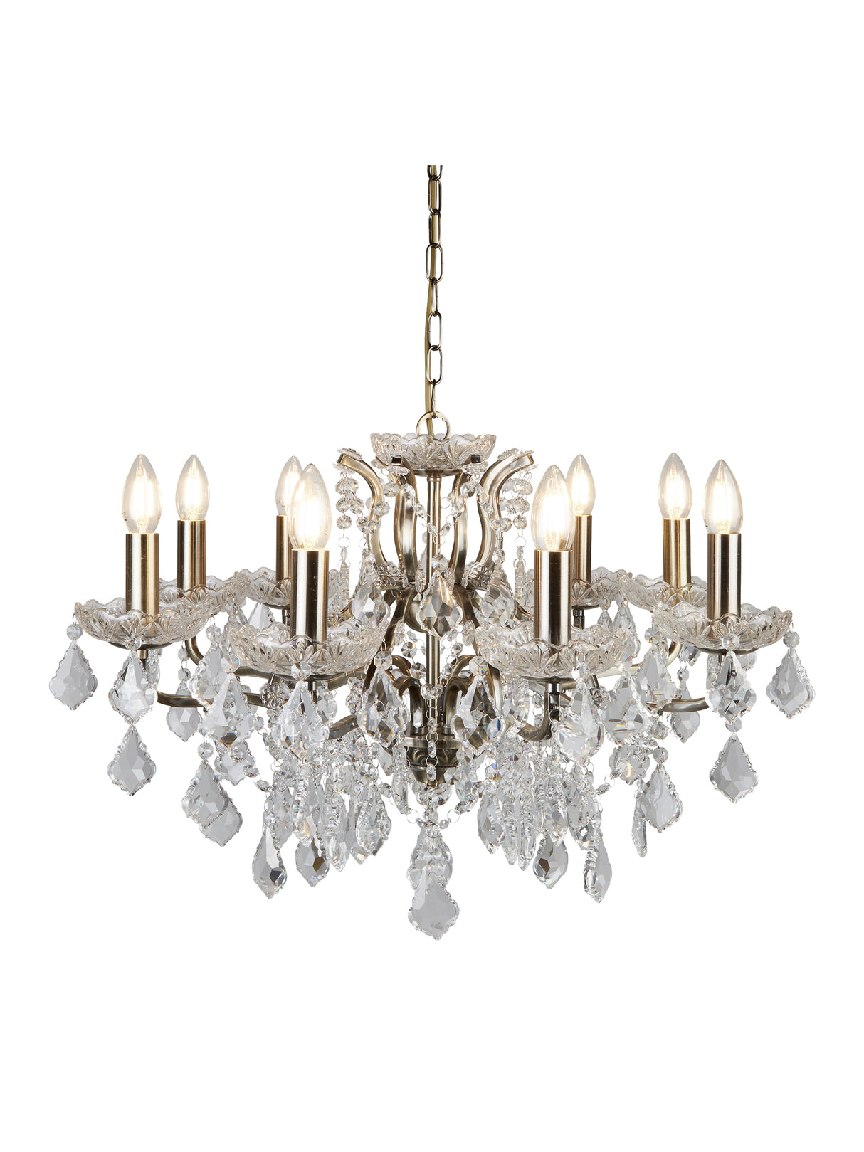 Paris  8Lt Chandelier - Antique Brass Metal & Clear Crystal