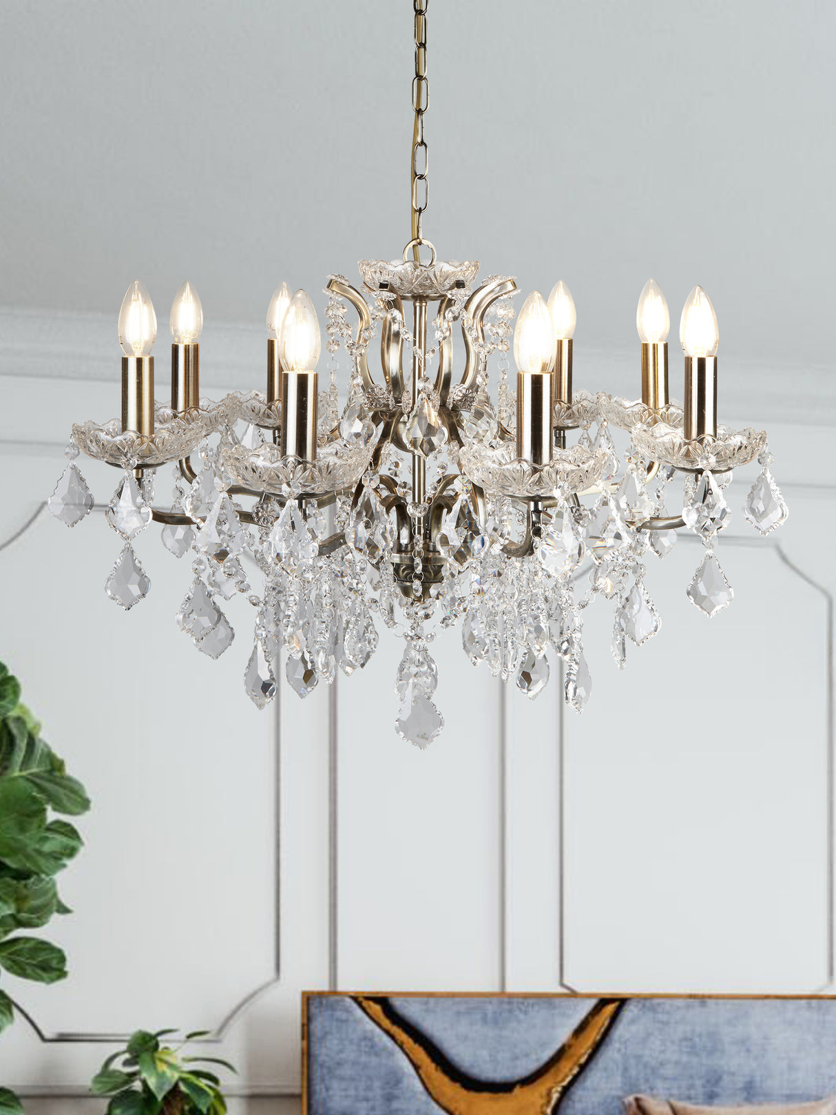 Searchlight Electric Paris  8Lt Chandelier - Antique Brass Metal & Clear Crystal 8738-8AB