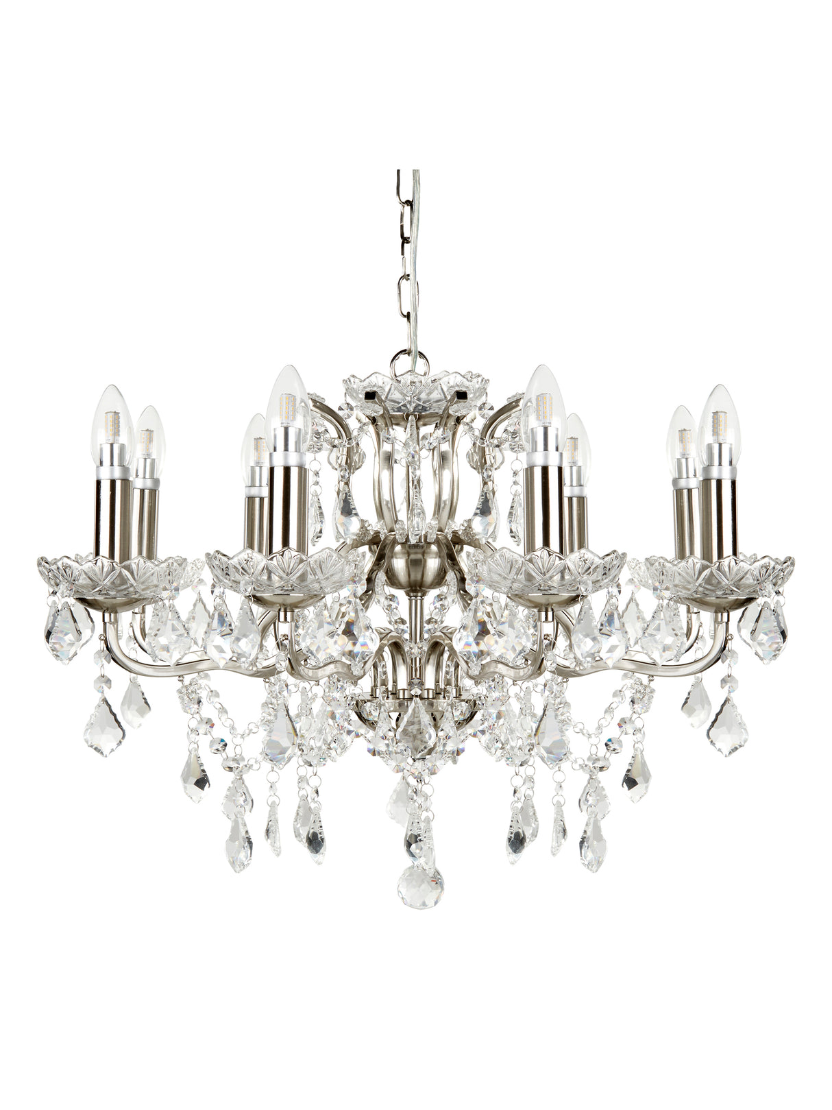 Searchlight Electric Paris  8Lt Chandelier - Satin Silver Metal & Clear Crystal 8738-8SS