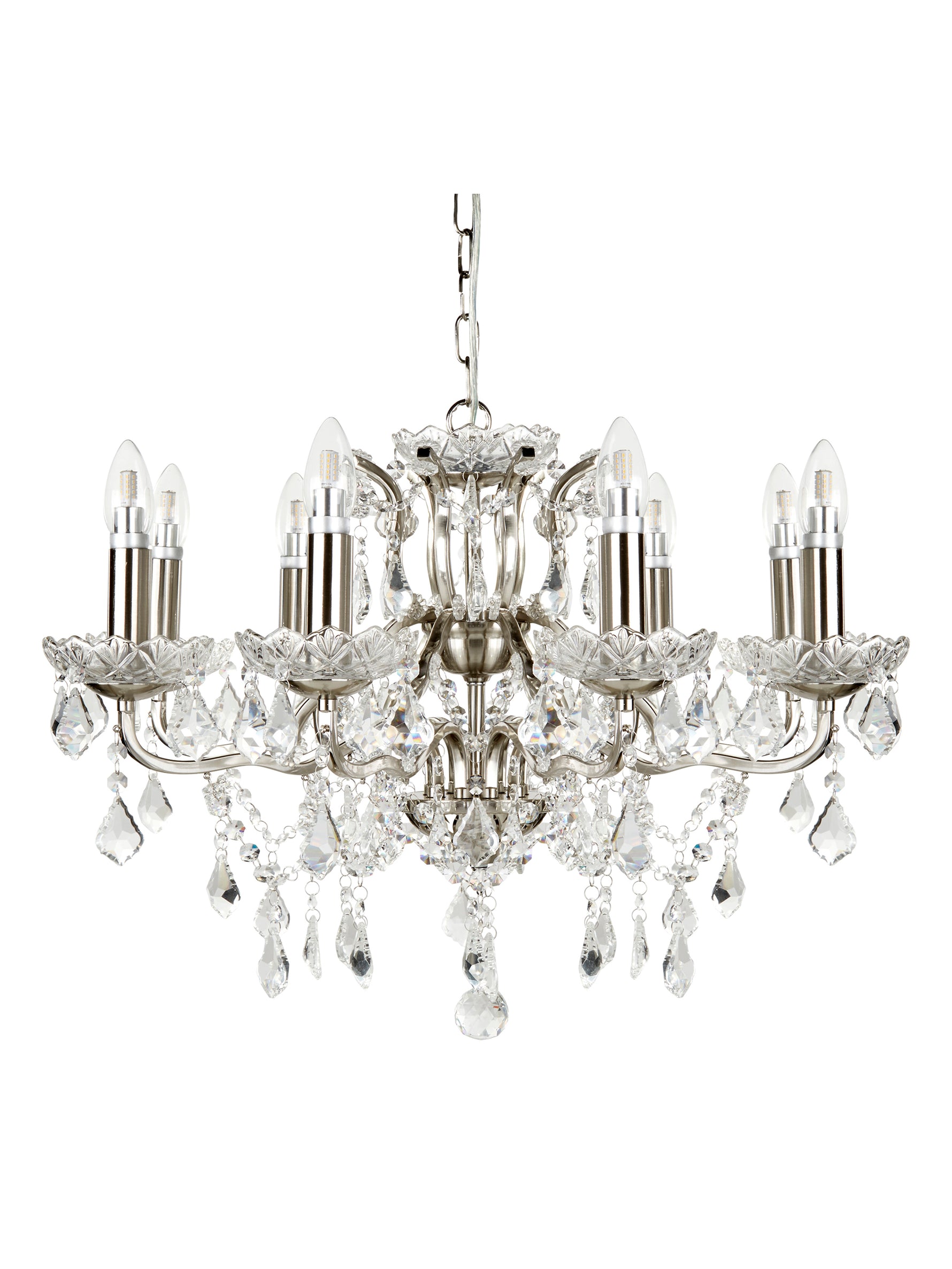 Searchlight Electric Paris  8Lt Chandelier - Satin Silver Metal & Clear Crystal 8738-8SS
