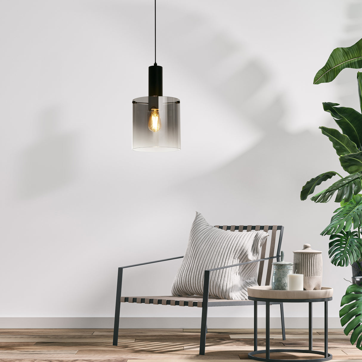 Searchlight Electric Sweden Pendant - Matt Black Metal & Smoked Ombre Glass 88910-1BK
