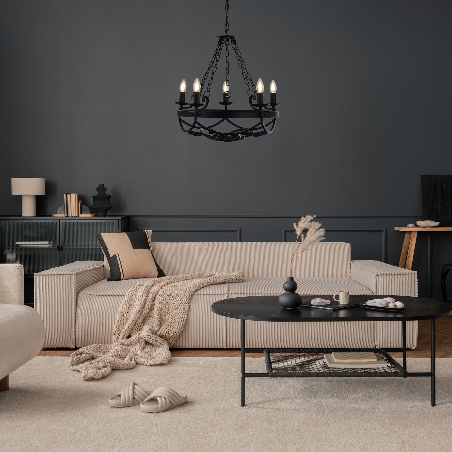 Searchlight Electric Cartwheel III 5Lt Pendant - Black Wrought Iron 8905-5BK
