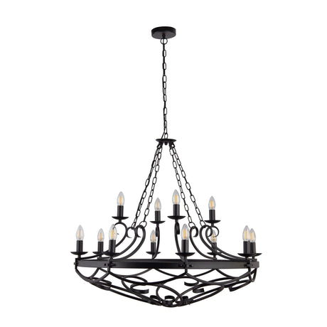 Searchlight Electric Cartwheel III 12Lt Pendant - Black Wrought Iron 8912-12BK