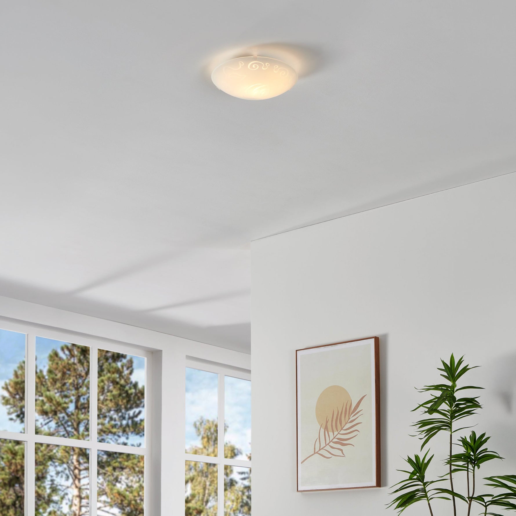 Eglo EU Mars 1 White Steel/Satin Glass Sunbeam Motif Ceiling Light product image - Endon Lighting from First Light Direct with great prices and fast UK delivery