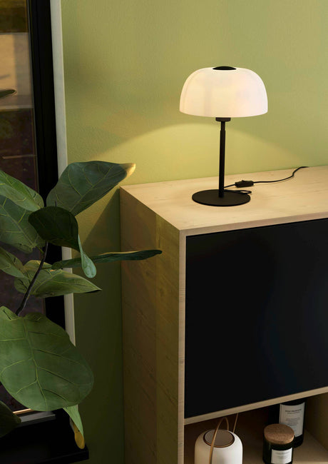 Eglo EU SOLO?2 Table Lamp – Black Steel with White Etched Glass, E27, Inline Switch, Indoor Lighting